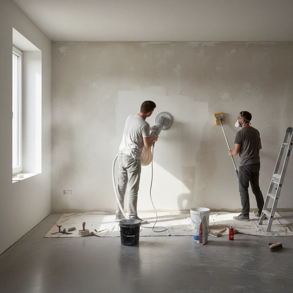 Worker preparing plaster wall surface before limewash application