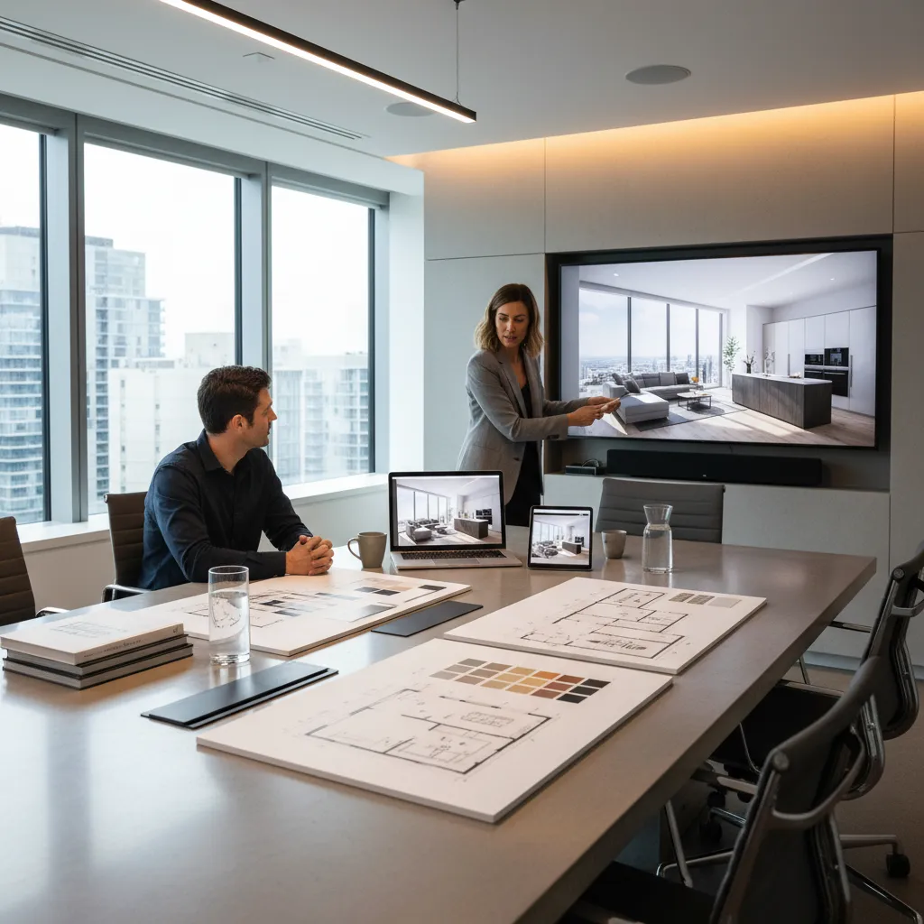 Diseñador presentando un anteproyecto de interiorismo a un cliente con renders y planos