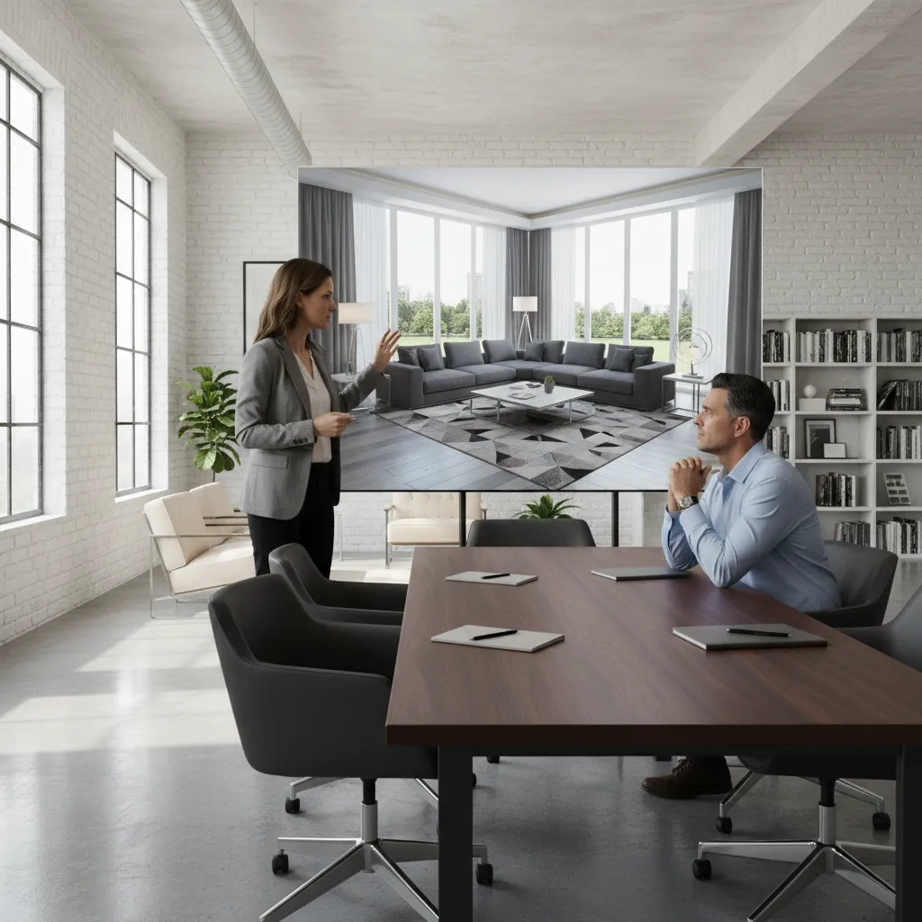 Decorador mostrando un render de diseño interior a un cliente