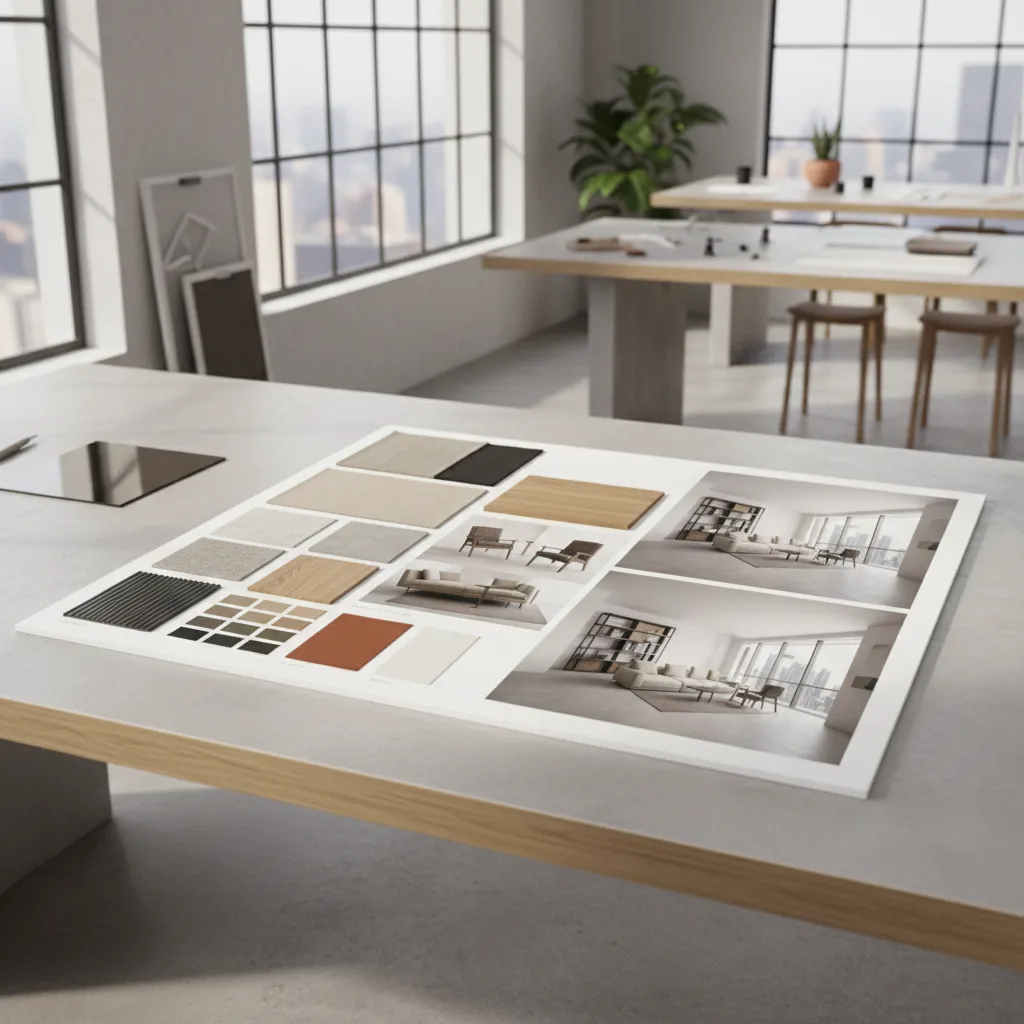 Interior design material board on table with fabric swatches and photos of a modern room