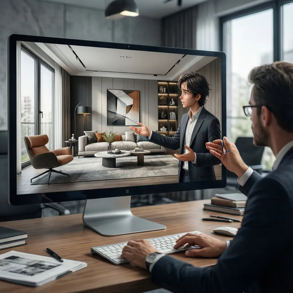 Cliente viendo una visualización 3D de diseño interior en una pantalla
