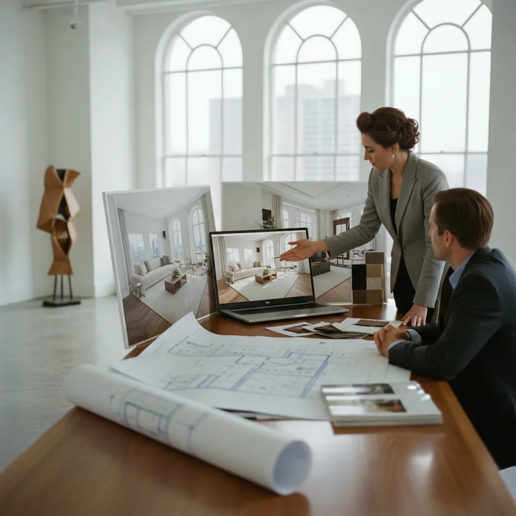 Interior designer showing a room design on a laptop to a client at a large table