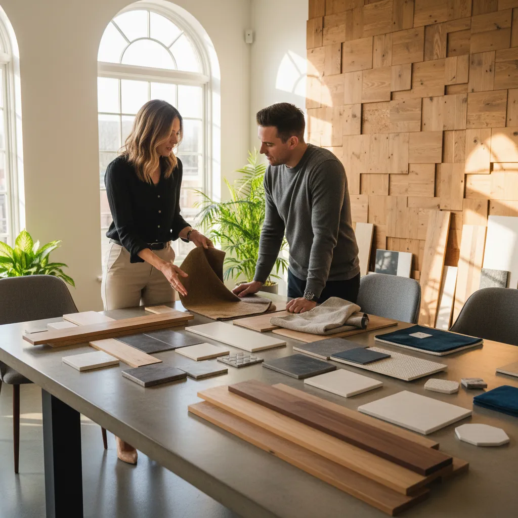 Diseñador mostrando muestras de materiales a un cliente