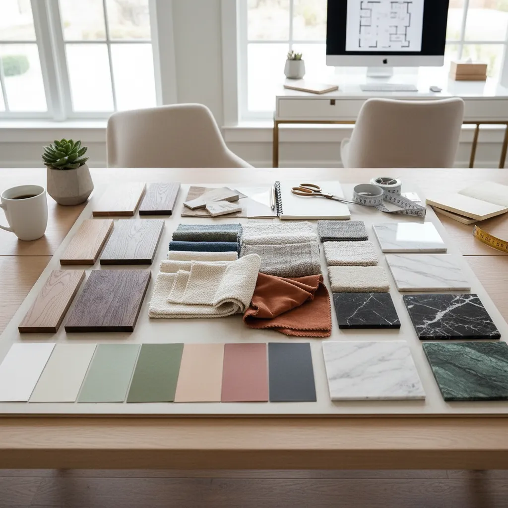 Interior design materials including wood samples fabric swatches marble tiles and color cards on desk