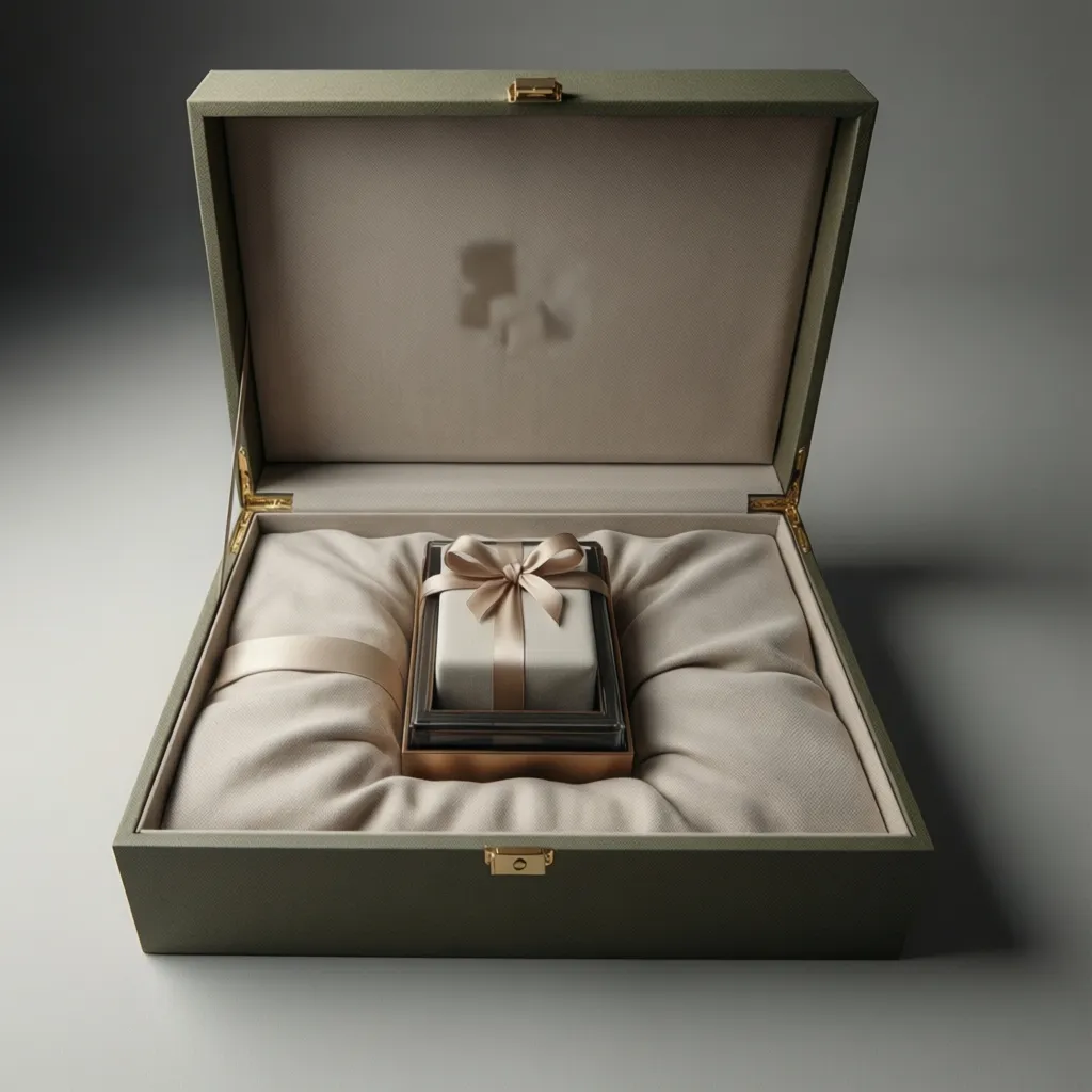 Open green gift box with a small package tied with ribbon on soft interior fabric