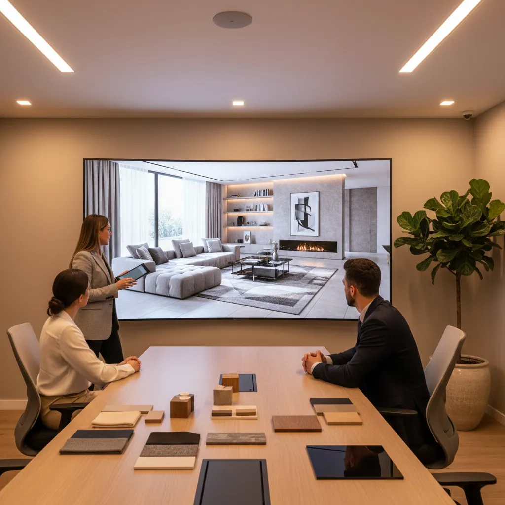 Professional presenting a living room design to clients on a screen in a modern office