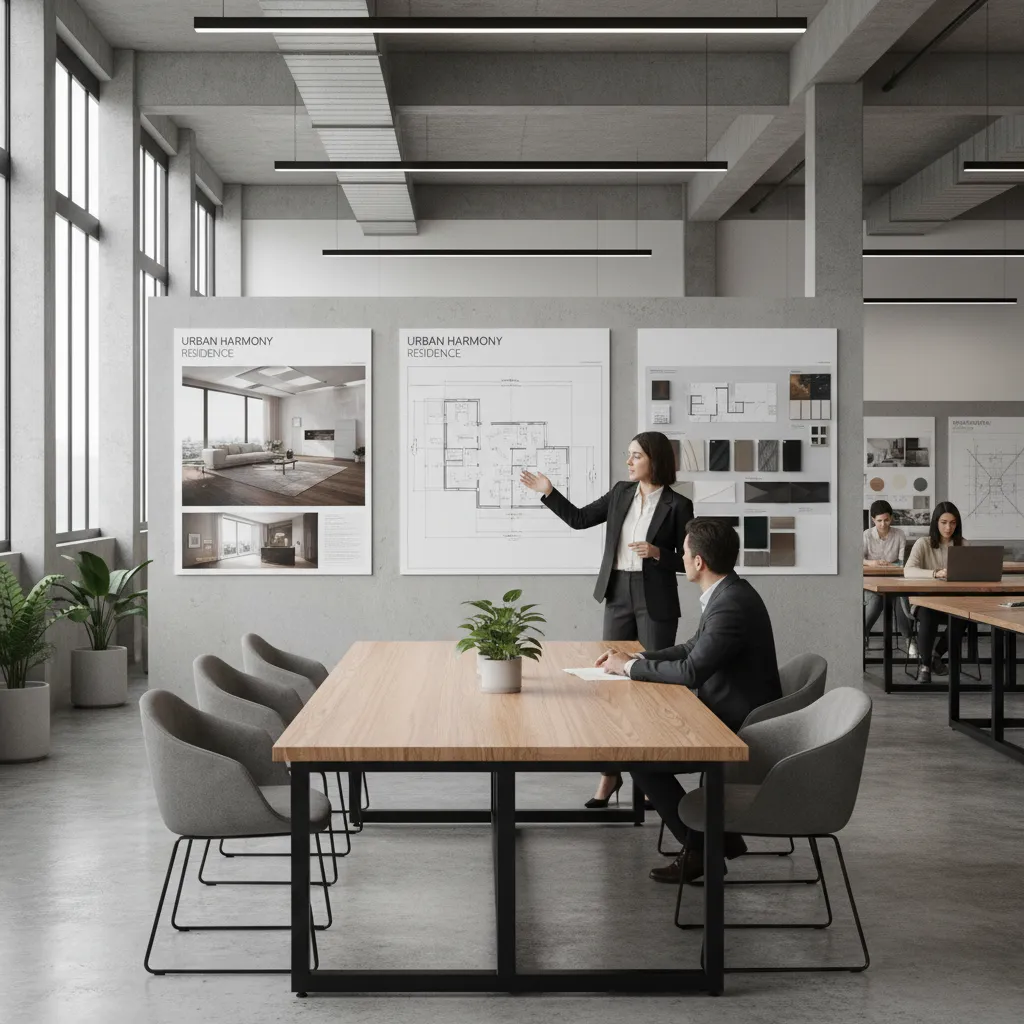 Estudiante presentando proyecto de diseño interior frente a paneles visuales