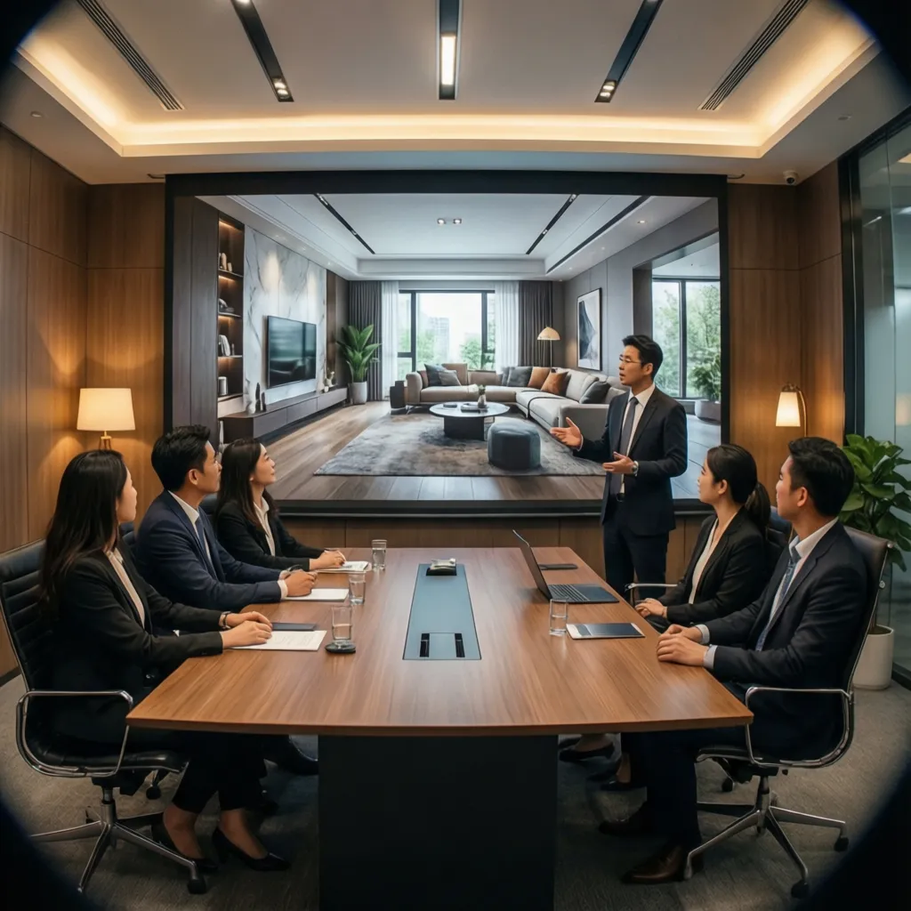 Diseñadora presentando proyecto de interiorismo a clientes