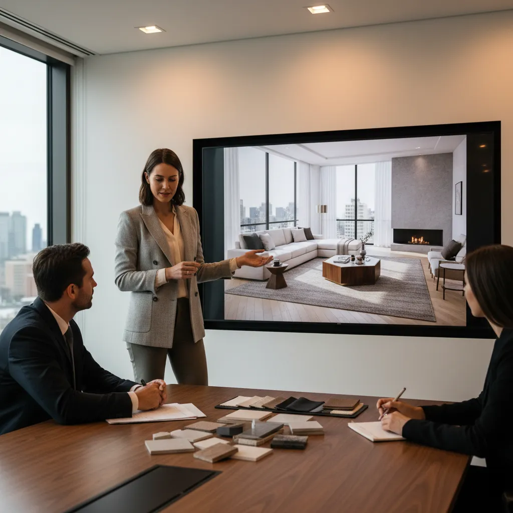 Professional interior design presentation with large screen showing living room layout and material samples table