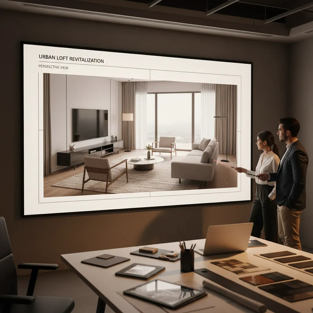 Diapositiva de presentación de proyecto con perspectiva interior