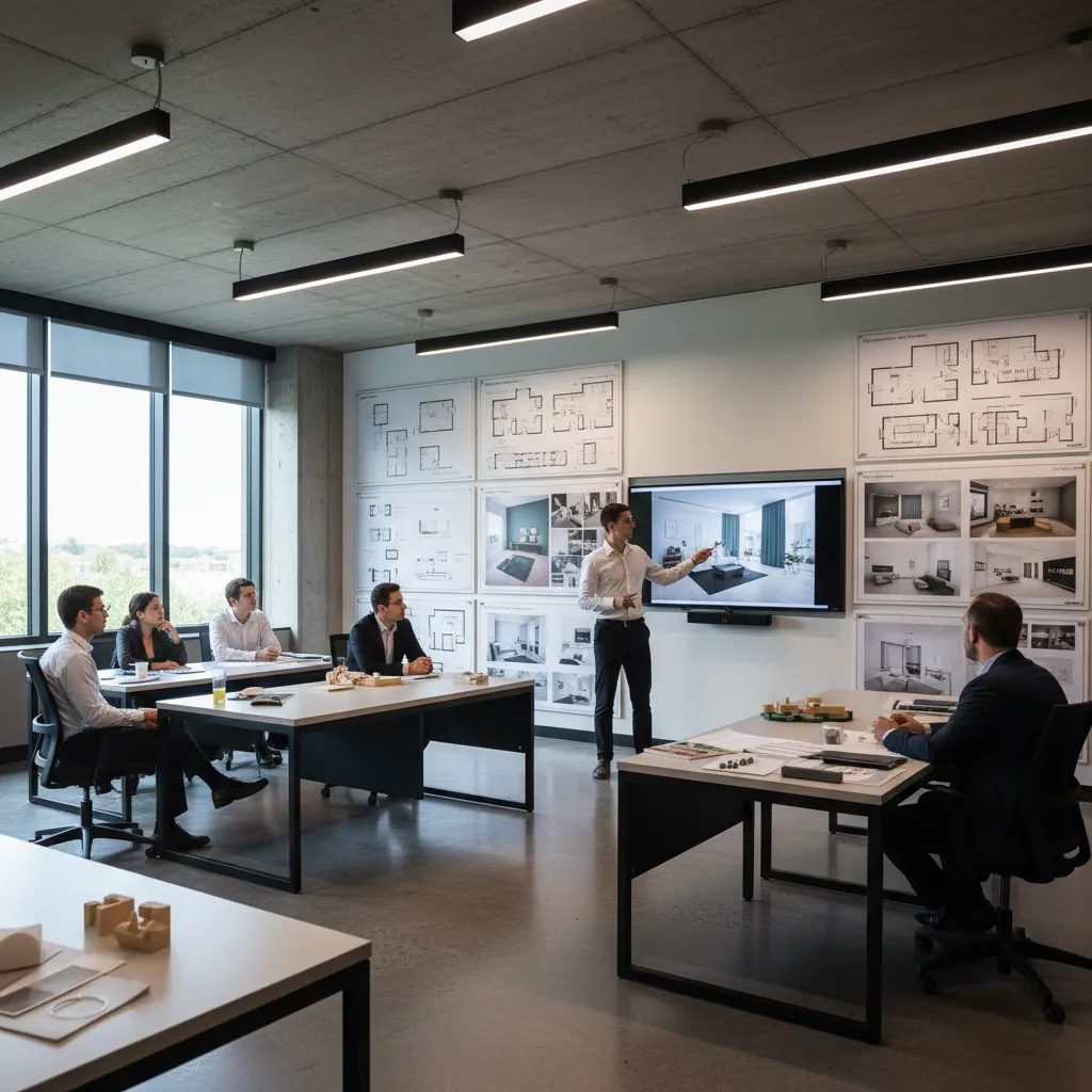 Estudiante presentando un proyecto de diseño de interiores con paneles y renders