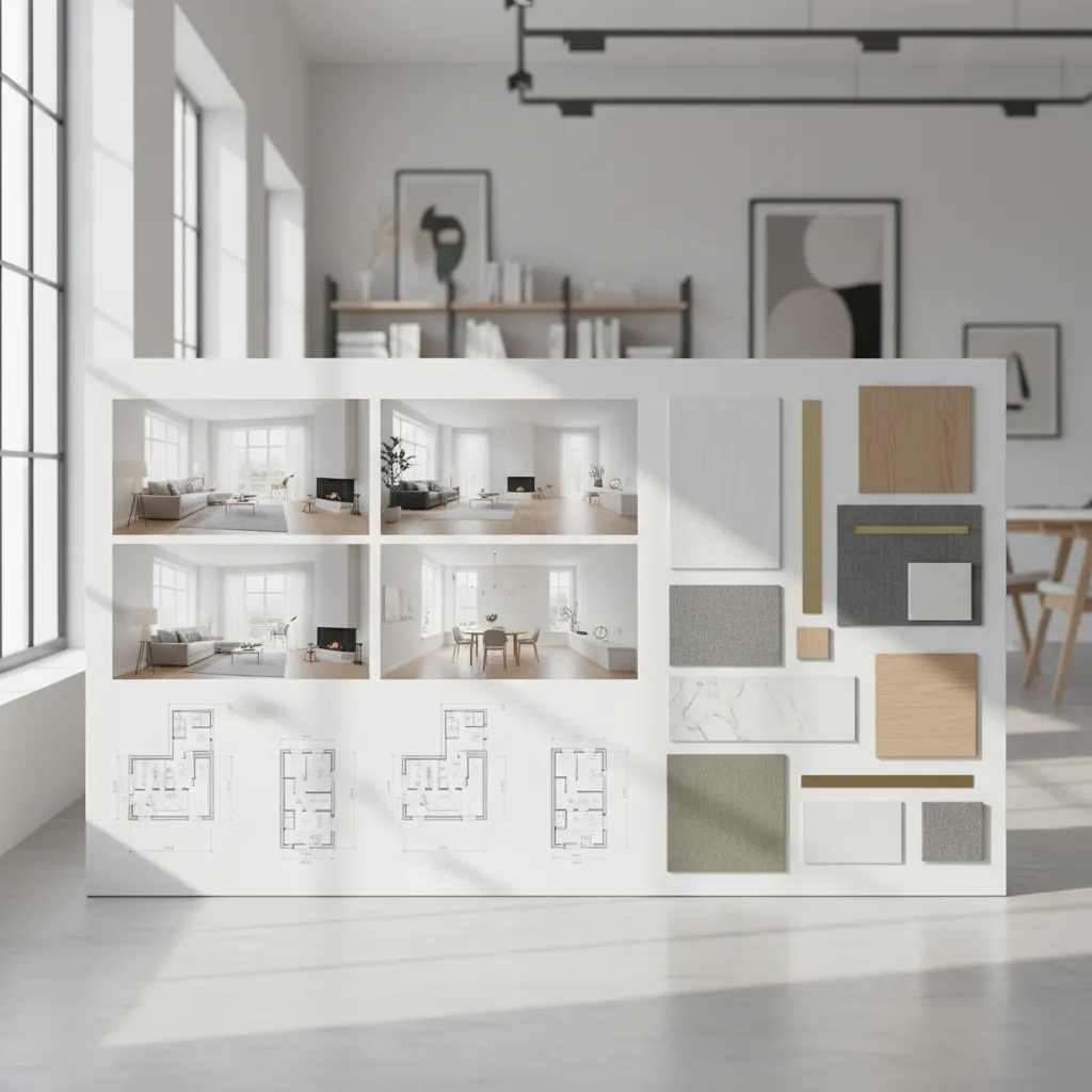 Panel de presentación de proyecto de diseño de interiores con renders y planos