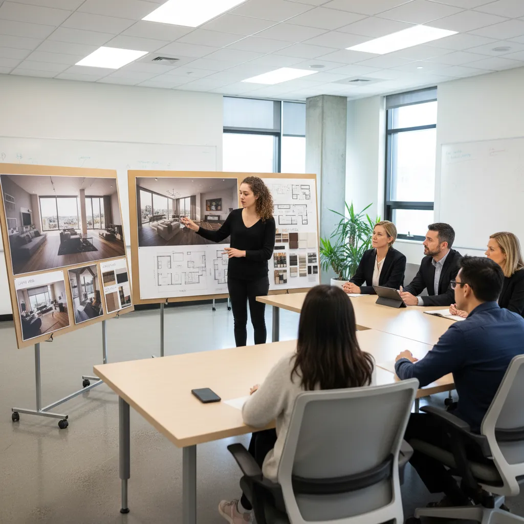 Estudiante presentando un proyecto de interiorismo con renders y planos