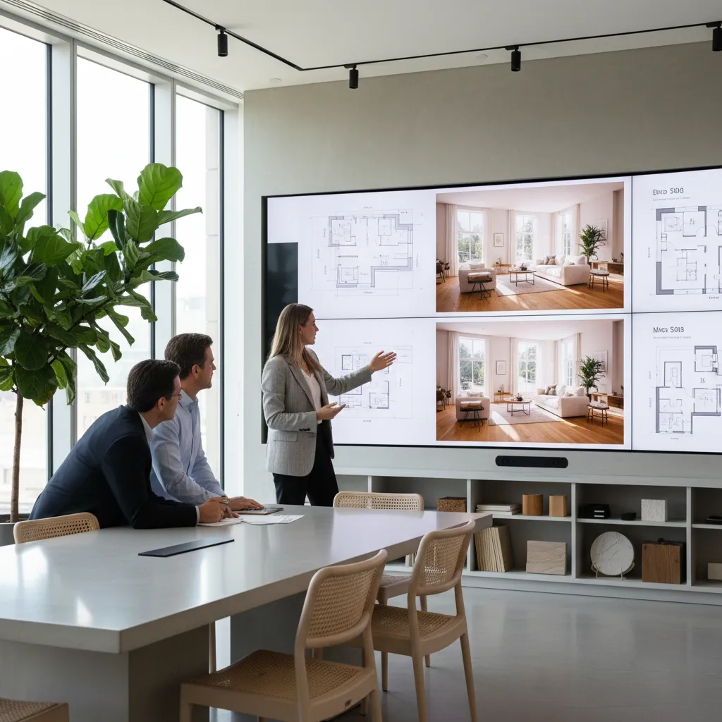 Interior designer presenting floor plans and room renderings to clients on a large screen display