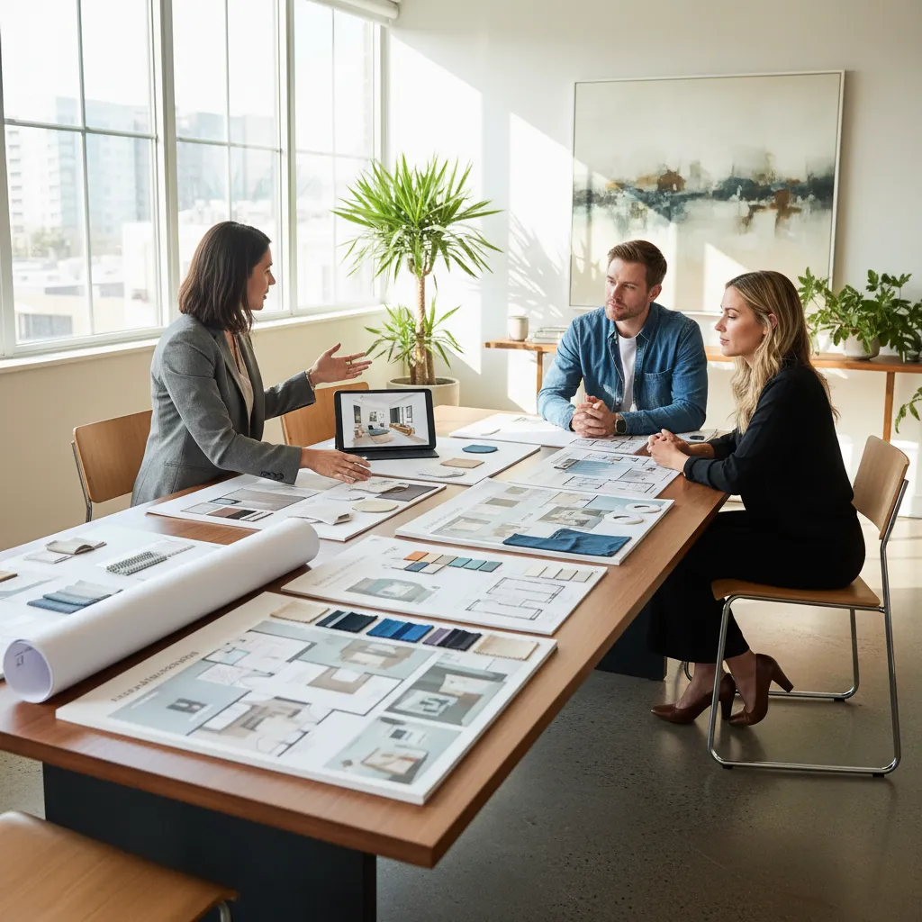 Diseñador presentando propuestas de interiorismo a un cliente