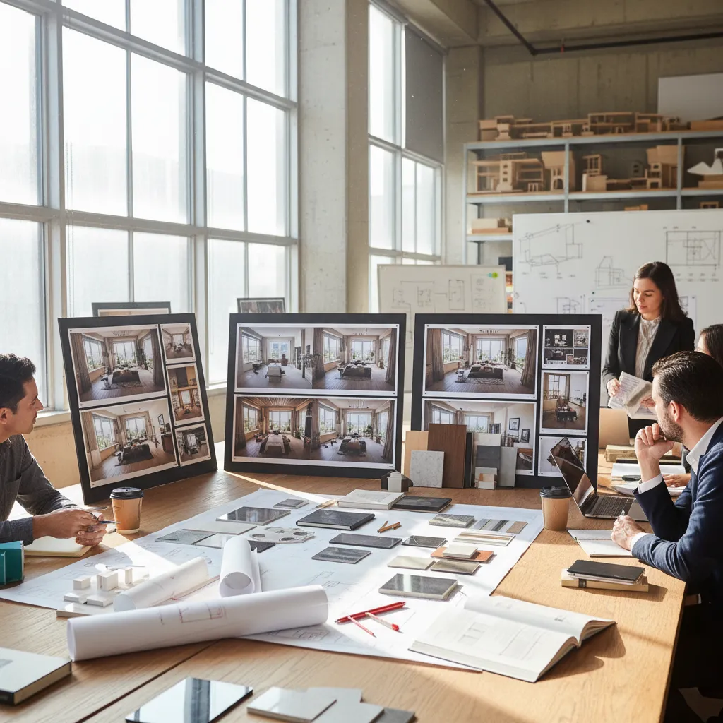 Paneles de presentación de un proyecto de diseño de interiores en una mesa