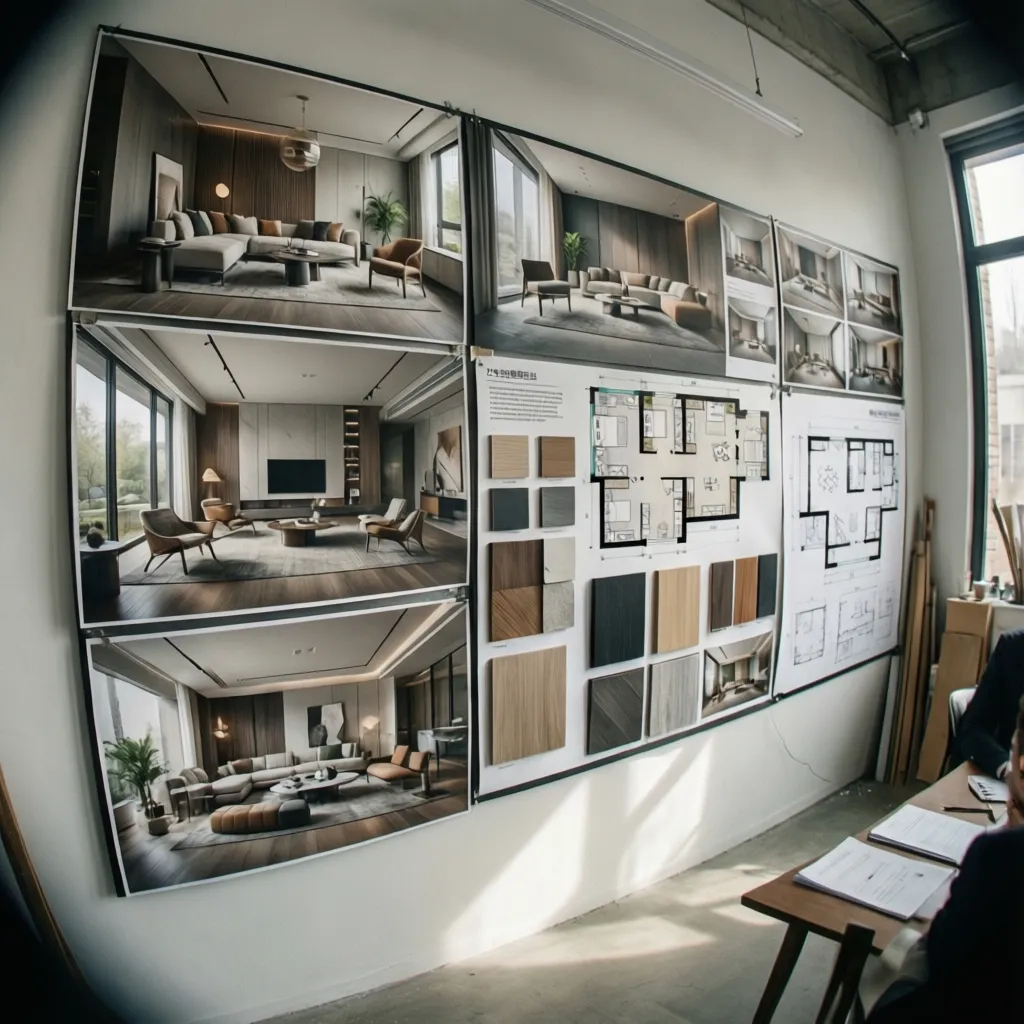 Wall display showing multiple interior design drawings with floor plans plus several different material samples