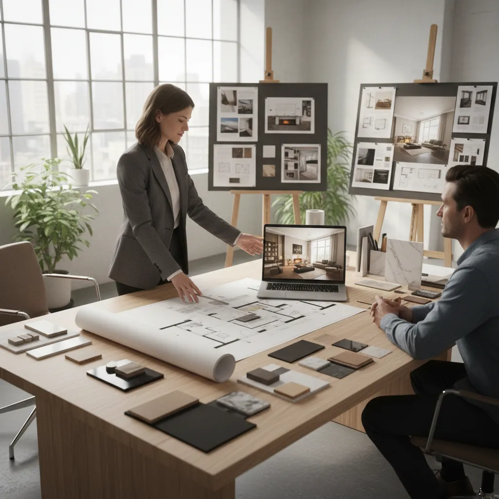 Interior designer showing a floor plan and interior design drawing to a client at desk