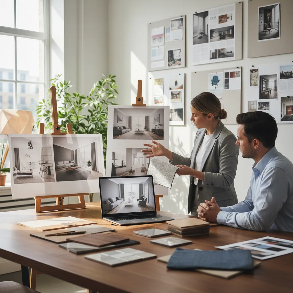 Diseñador mostrando renders y muestras de materiales a un cliente