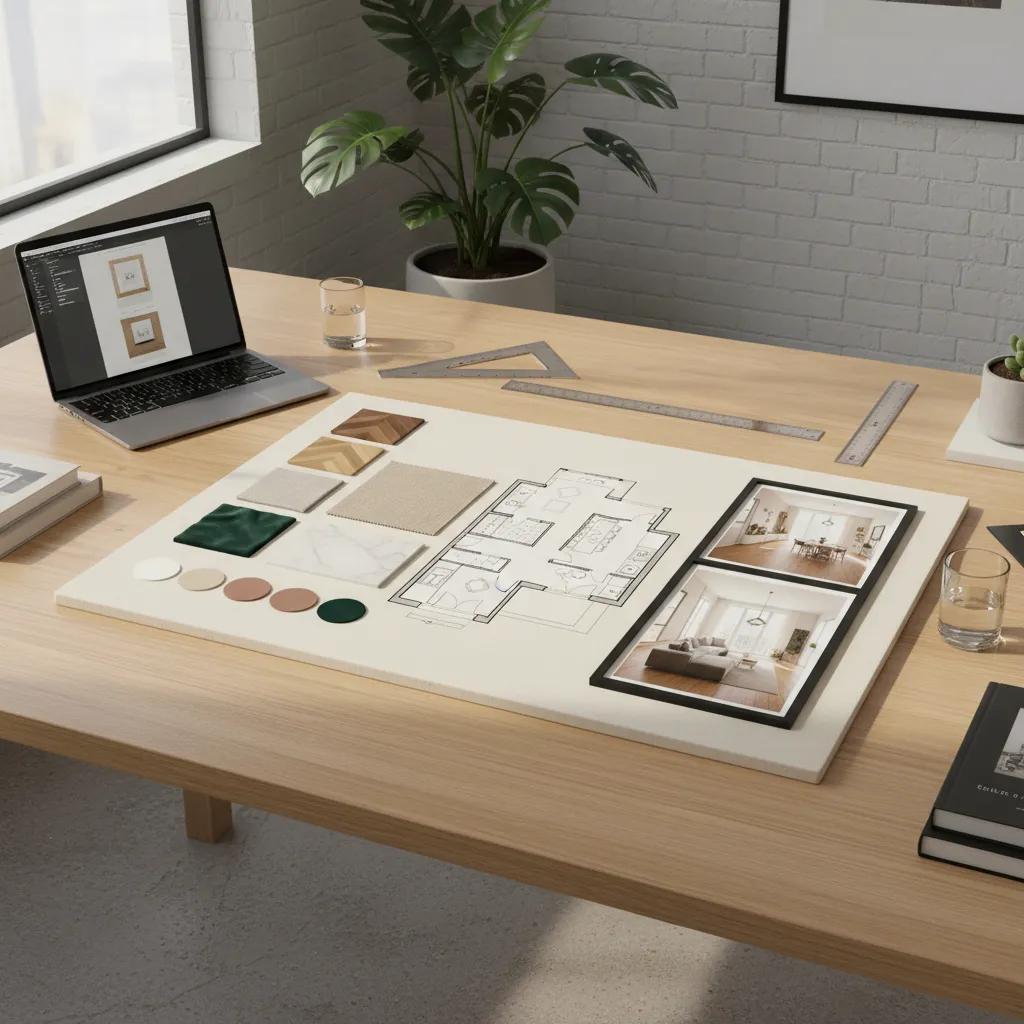Presentación de proyecto de diseño interior con planos y materiales