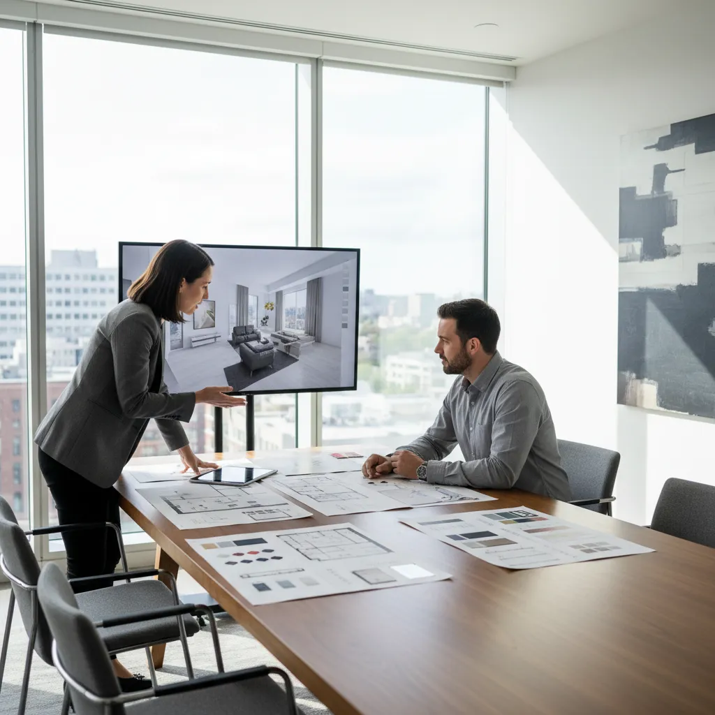 Diseñador presentando planos y renders a un cliente
