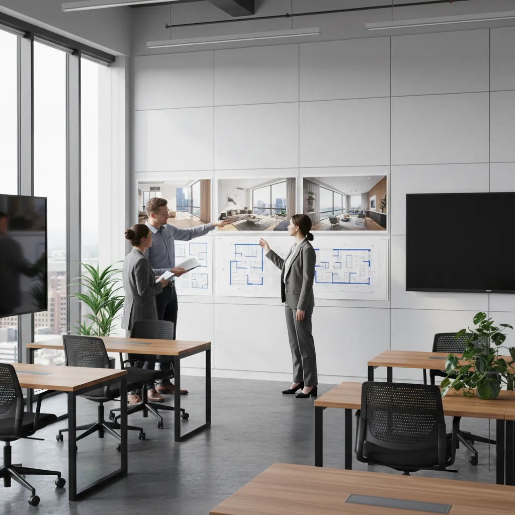 Estudiante presentando un proyecto de interiorismo con paneles y renders