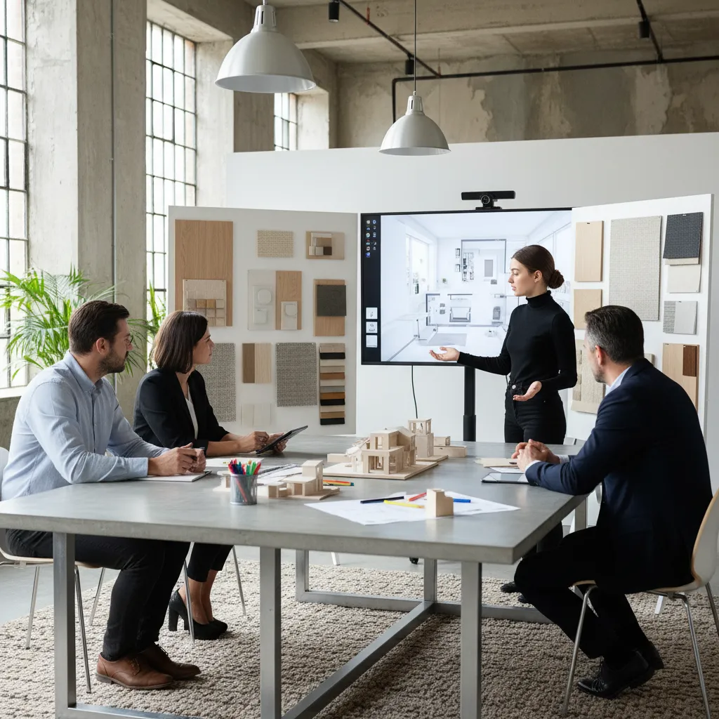 Woman presenting interior design drawing on screen to colleagues sitting at table with building models