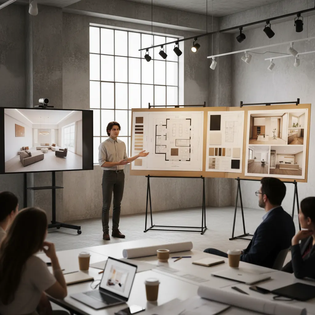 Estudiante presentando un proyecto de interiorismo con paneles y renders