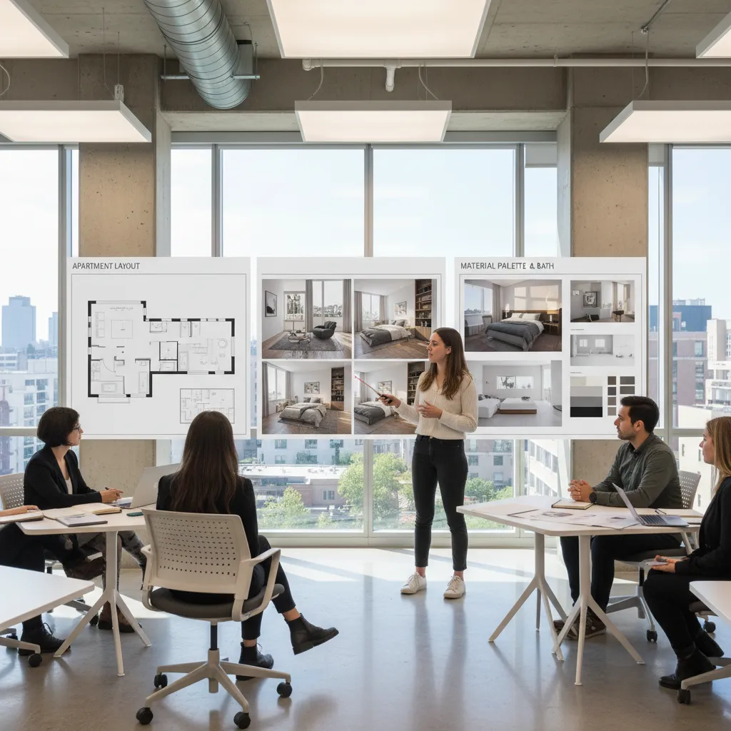 Estudiante presentando un proyecto de diseño de interiores con paneles y renders