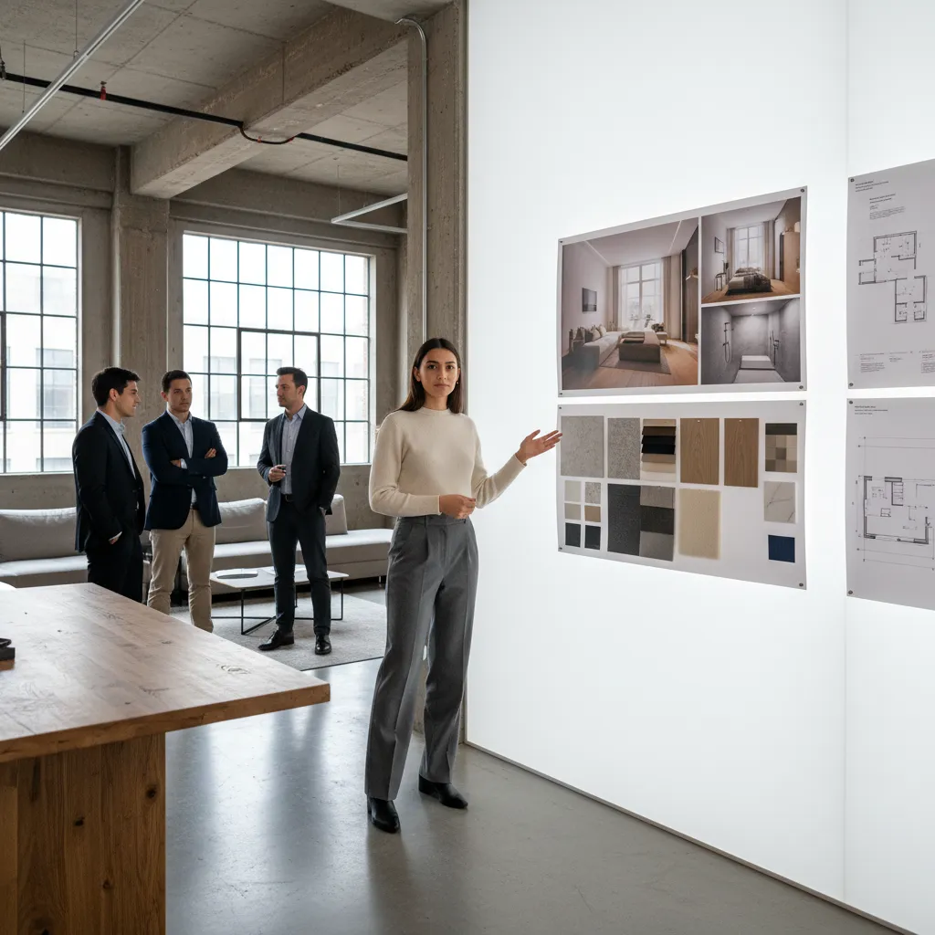 presentación de proyecto de interiorismo con paneles y renders