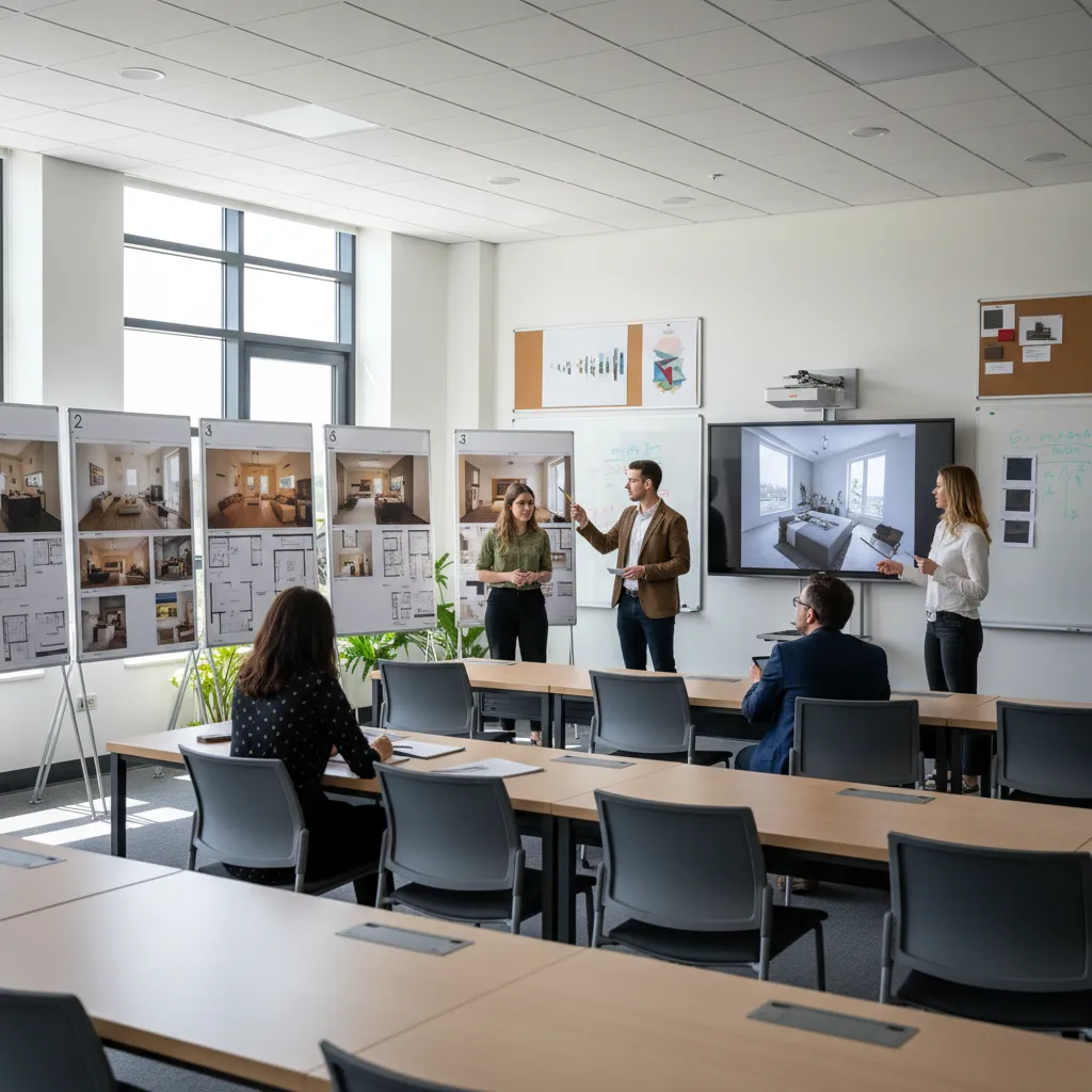 Estudiantes presentando proyecto de interiorismo con paneles y renders