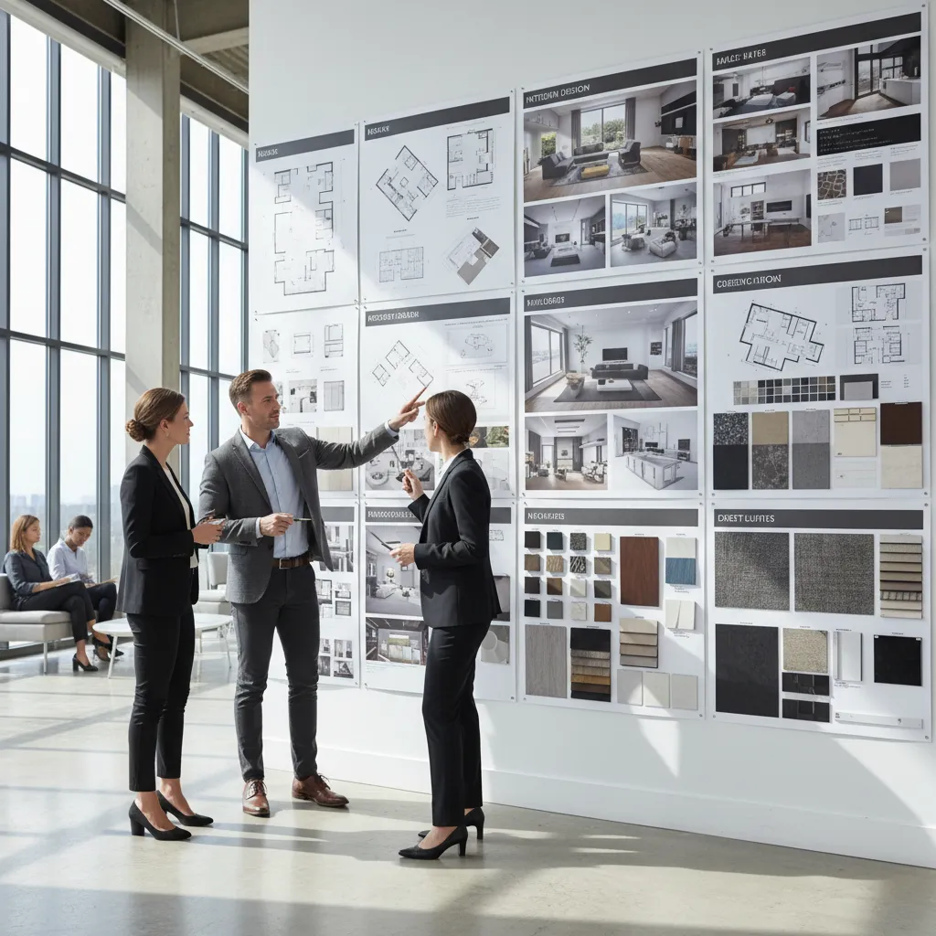 Three professionals discussing wall project boards with floor plans interior design drawing and material samples