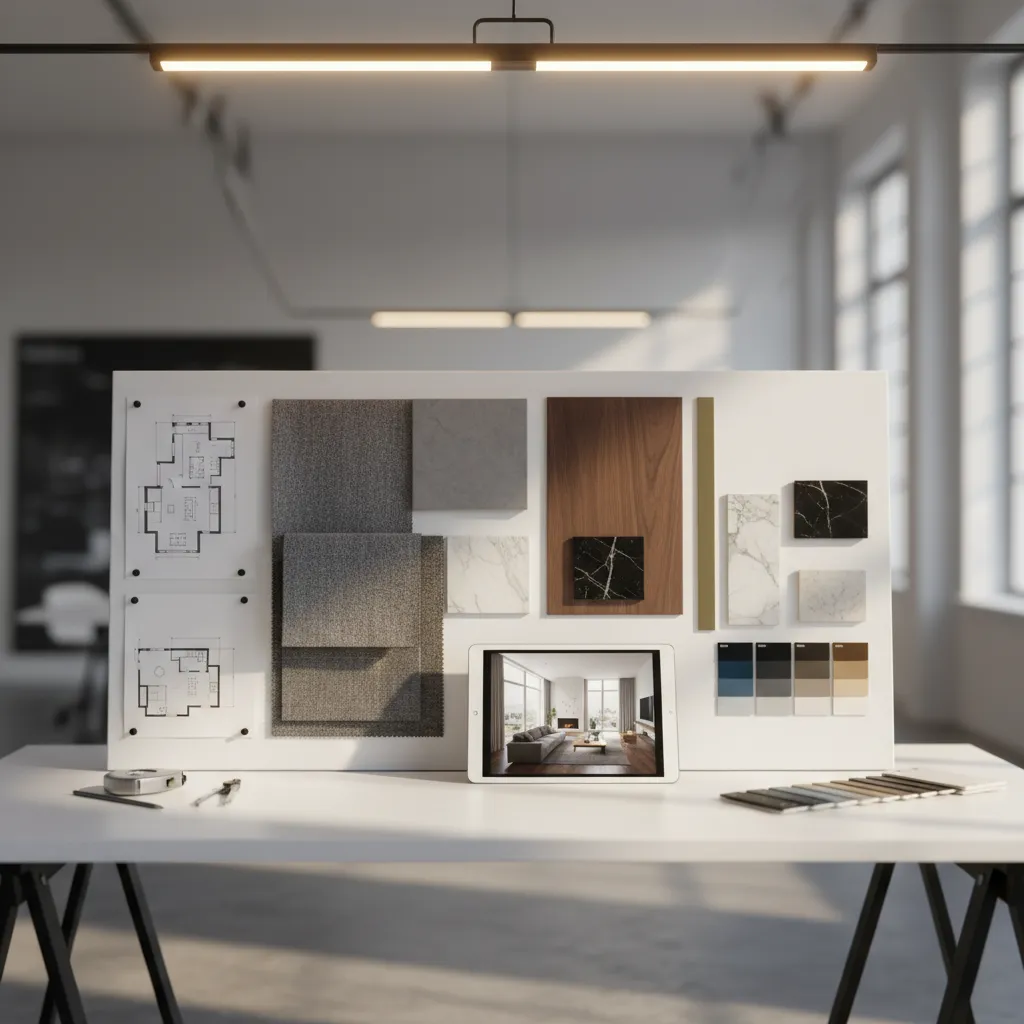 Mesa con planos, muestras de materiales y tablet mostrando diseño interior