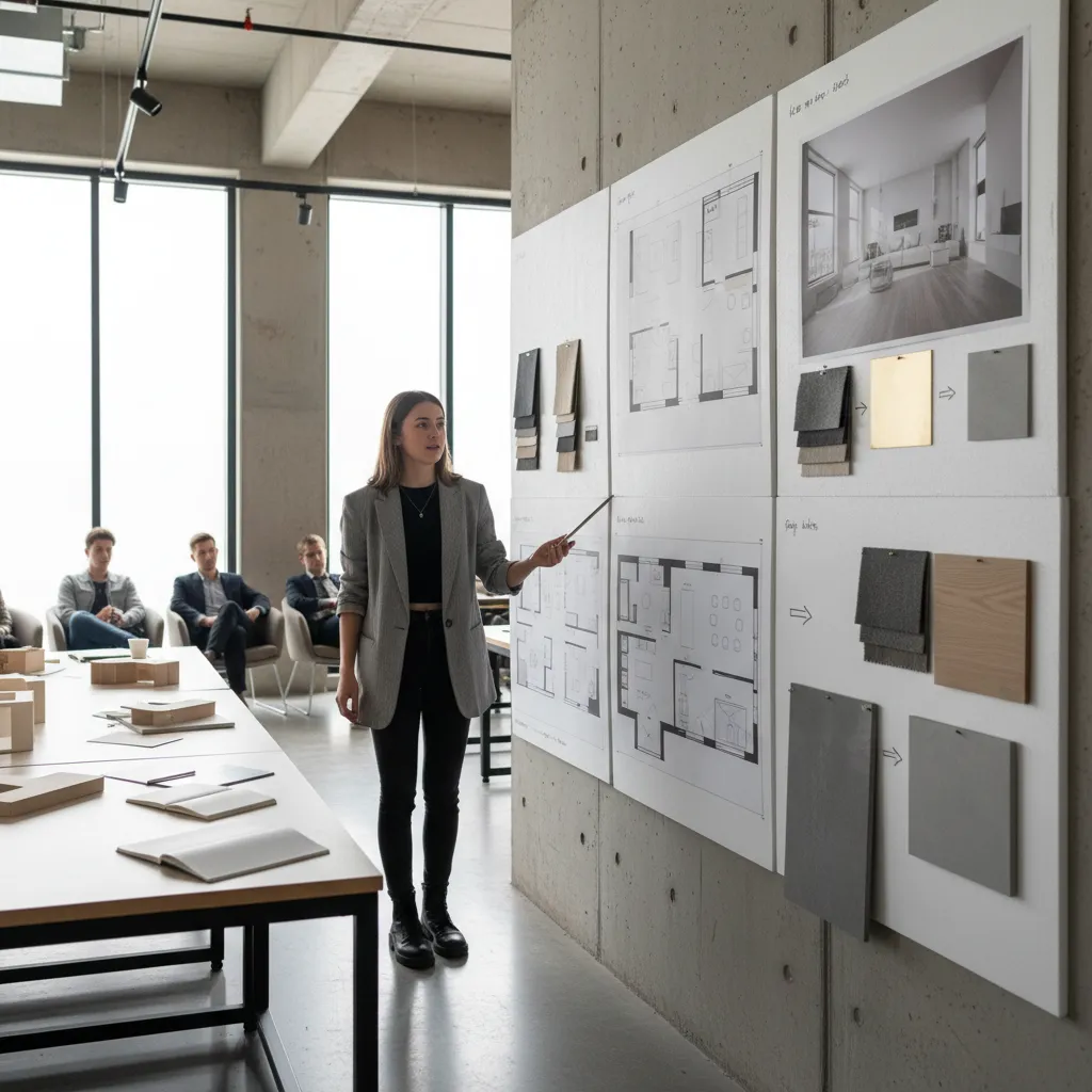 Estudiante presentando un proyecto final de diseño interior con paneles y renders