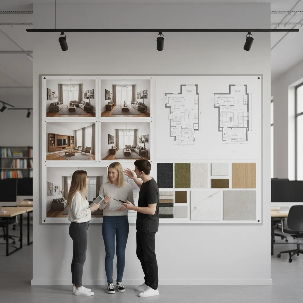 Three interior designers standing by a wall with floor plans room drawings and material samples
