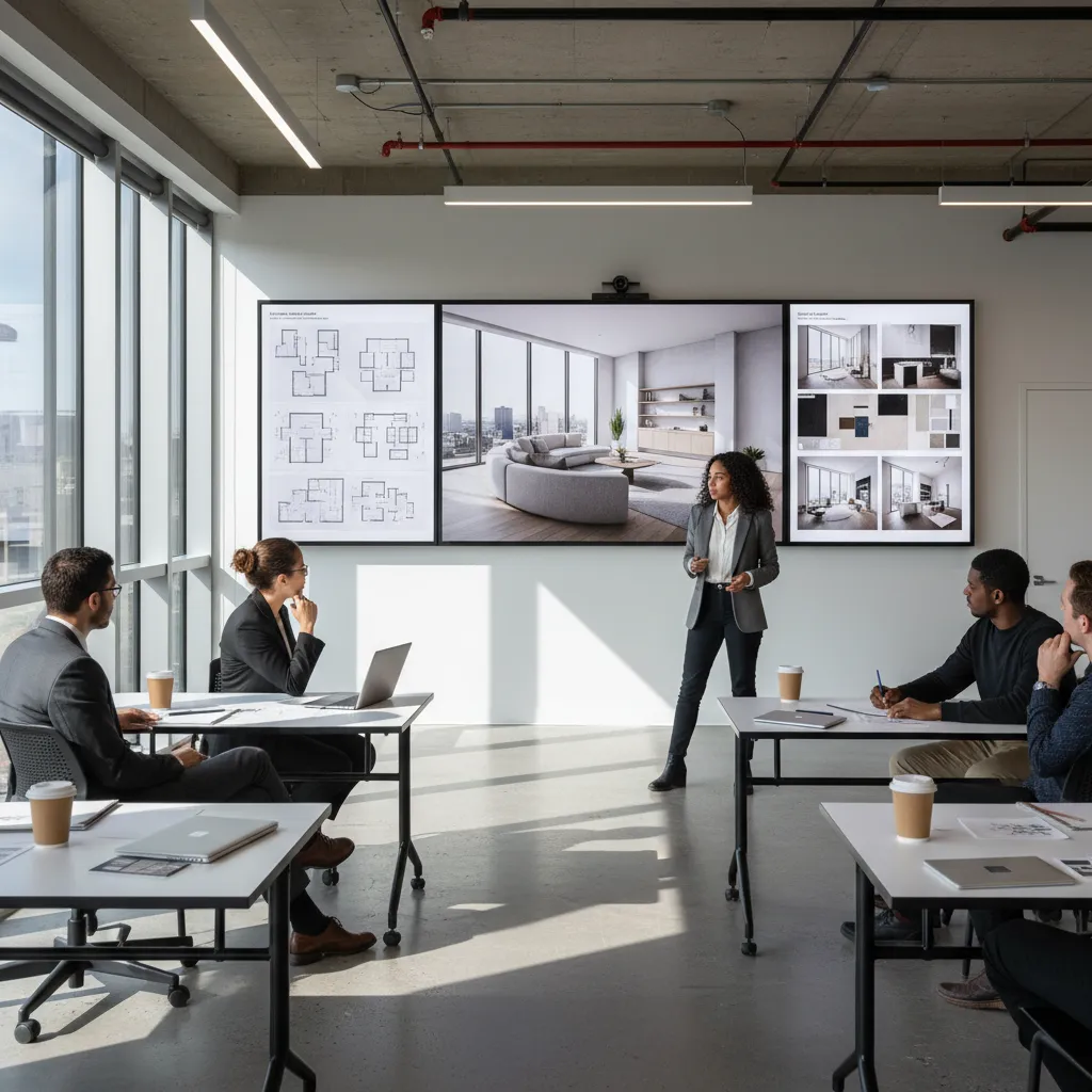 Estudiante presentando un proyecto de diseño de interiores con renders y planos