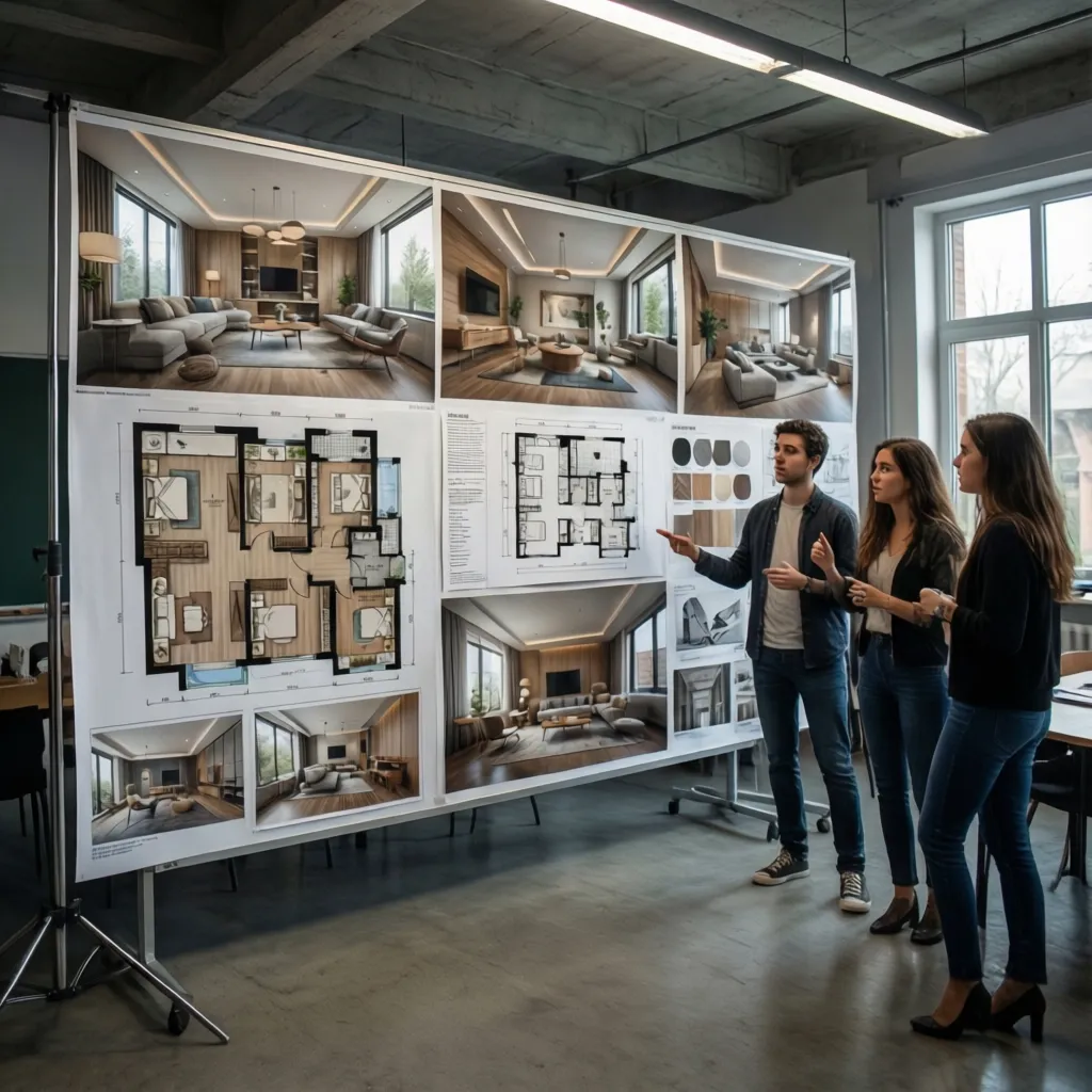 Presentación de proyecto de diseño de interiores con paneles y renders