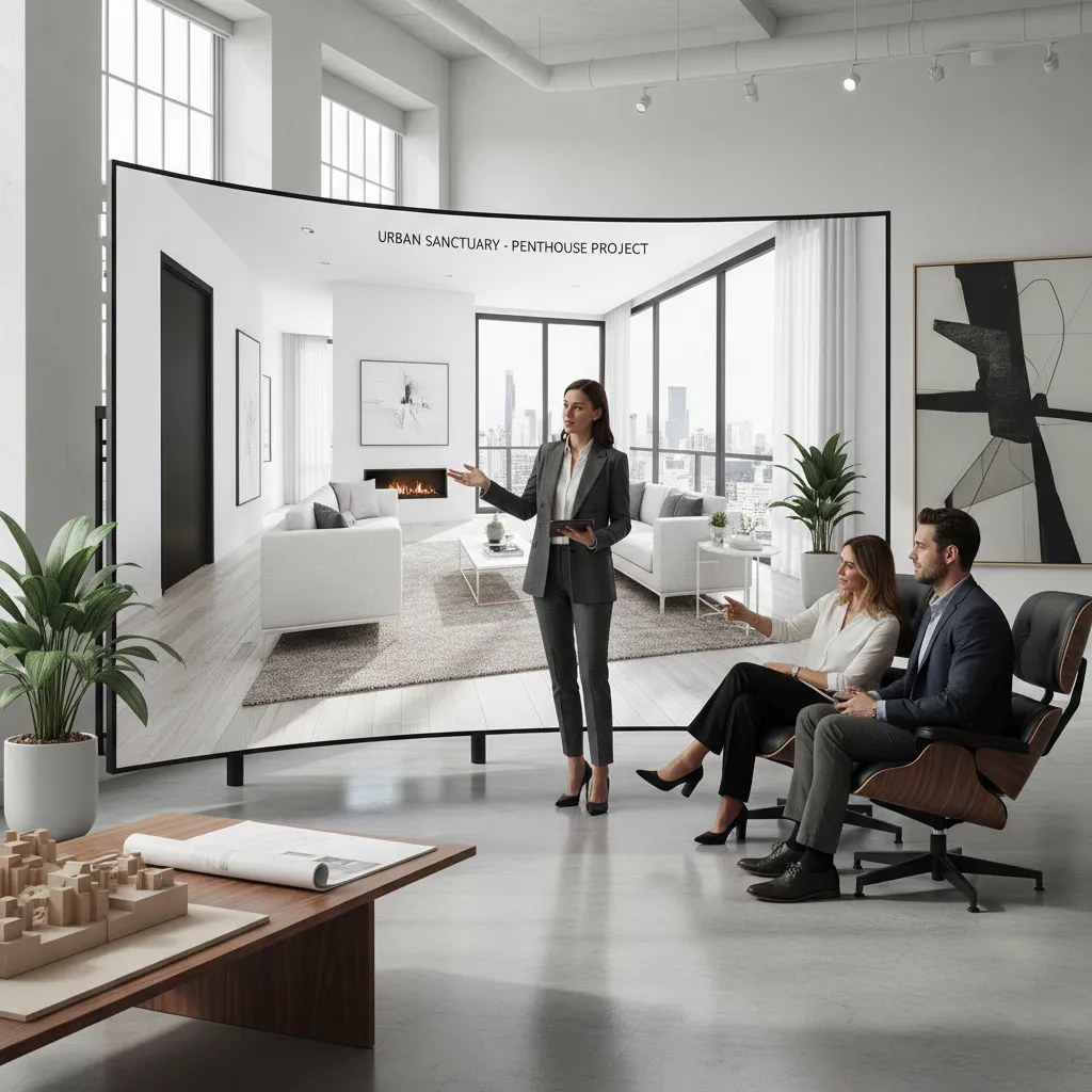 Diseñador presentando un proyecto de interiorismo en pantalla a un cliente