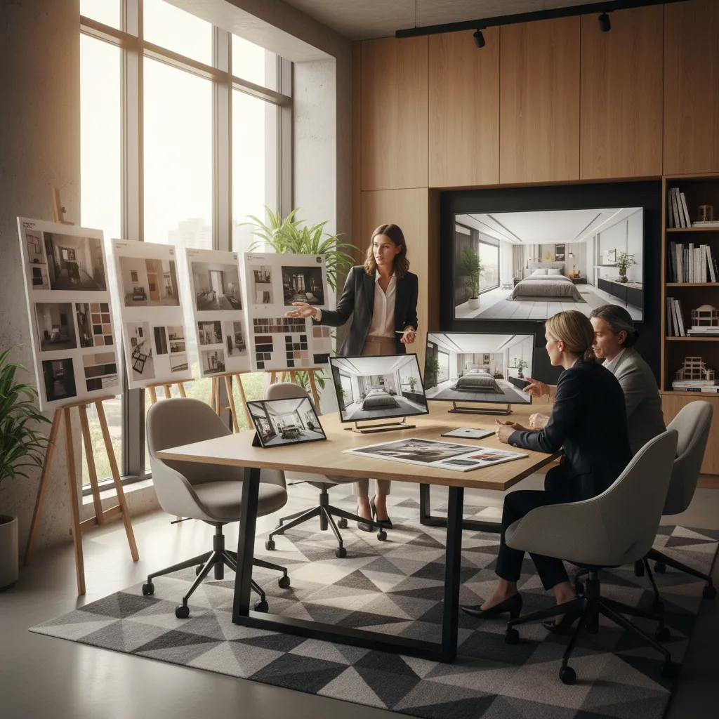 Diseñadora presentando un proyecto de interiorismo a clientes