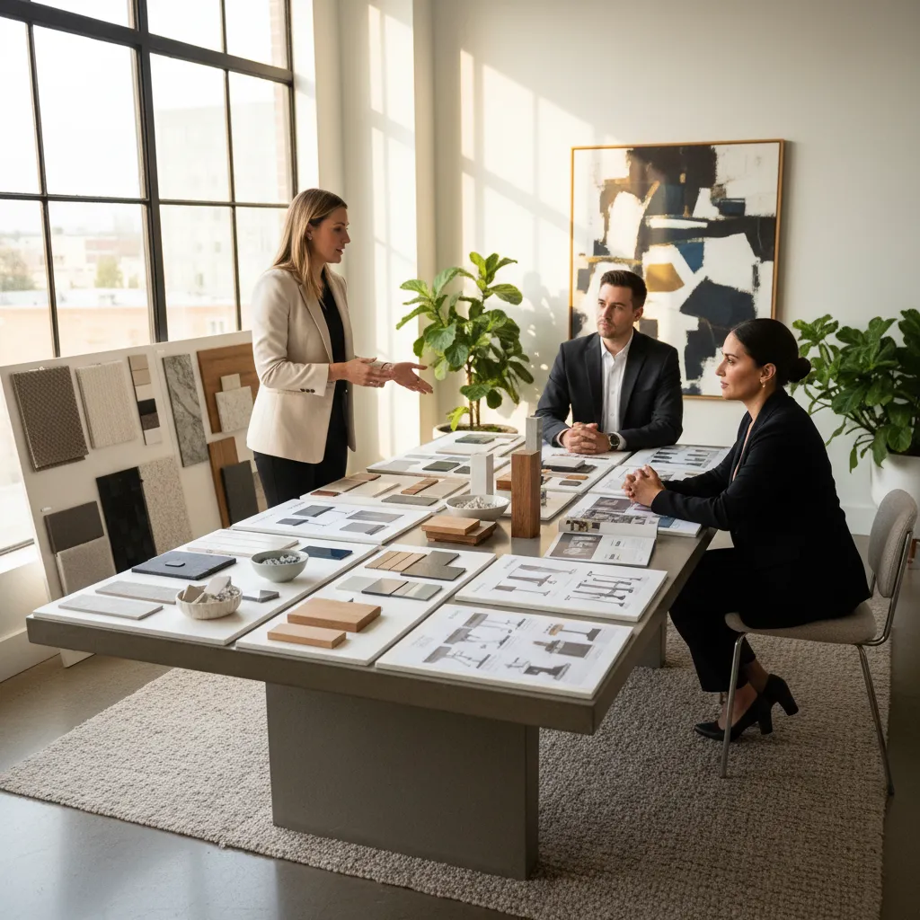 Diseñador presentando fichas de producto a un cliente en estudio de diseño