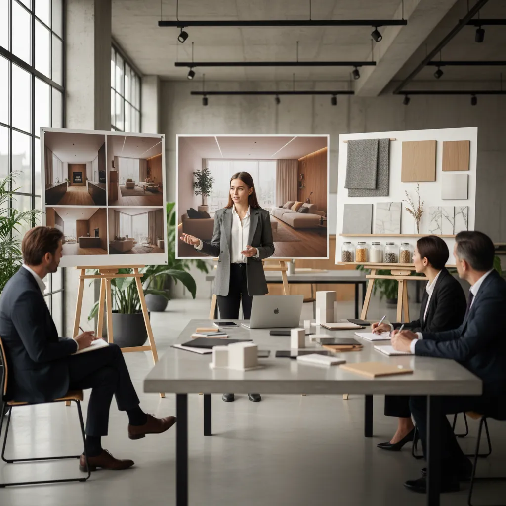Estudiante presentando proyecto de interiorismo con paneles y renders
