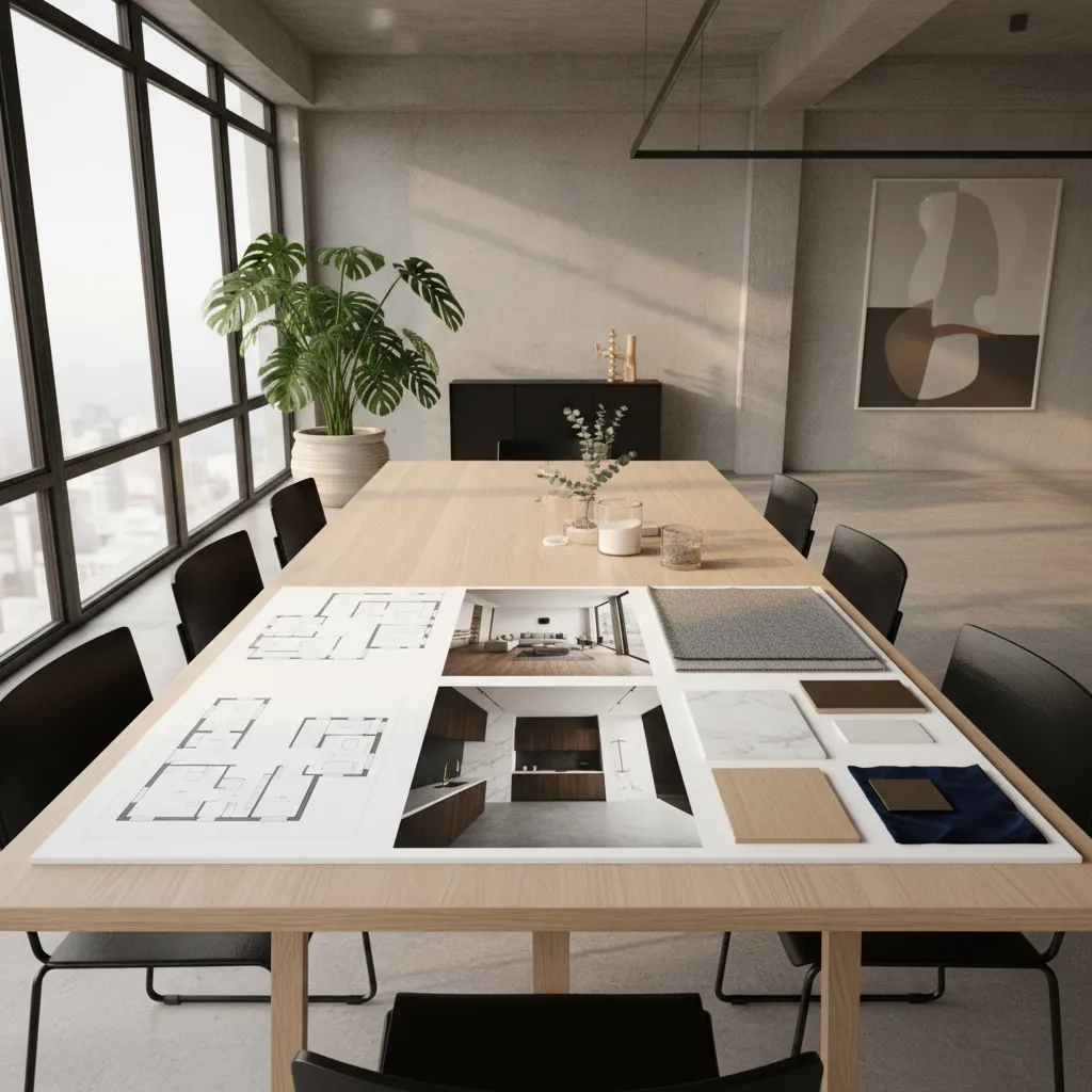 Panel de presentación de proyecto de diseño de interiores con renders y planos