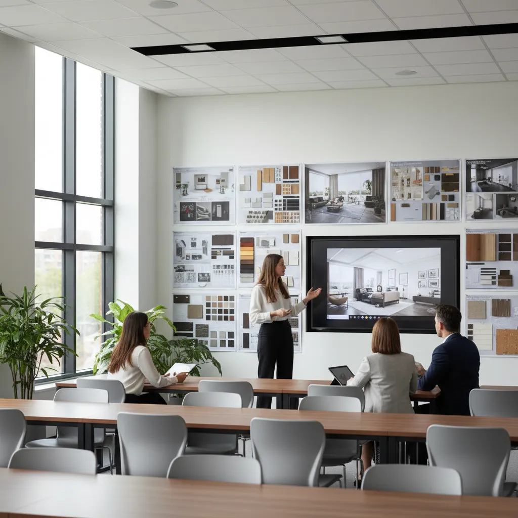 Estudiante presentando un proyecto de interiorismo con paneles visuales