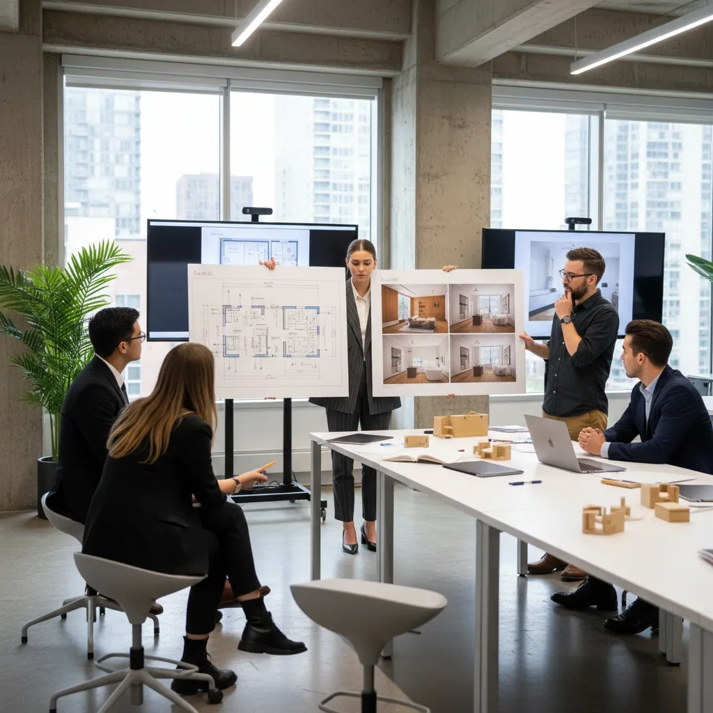 Estudiante presentando proyecto de interiorismo con paneles y renders