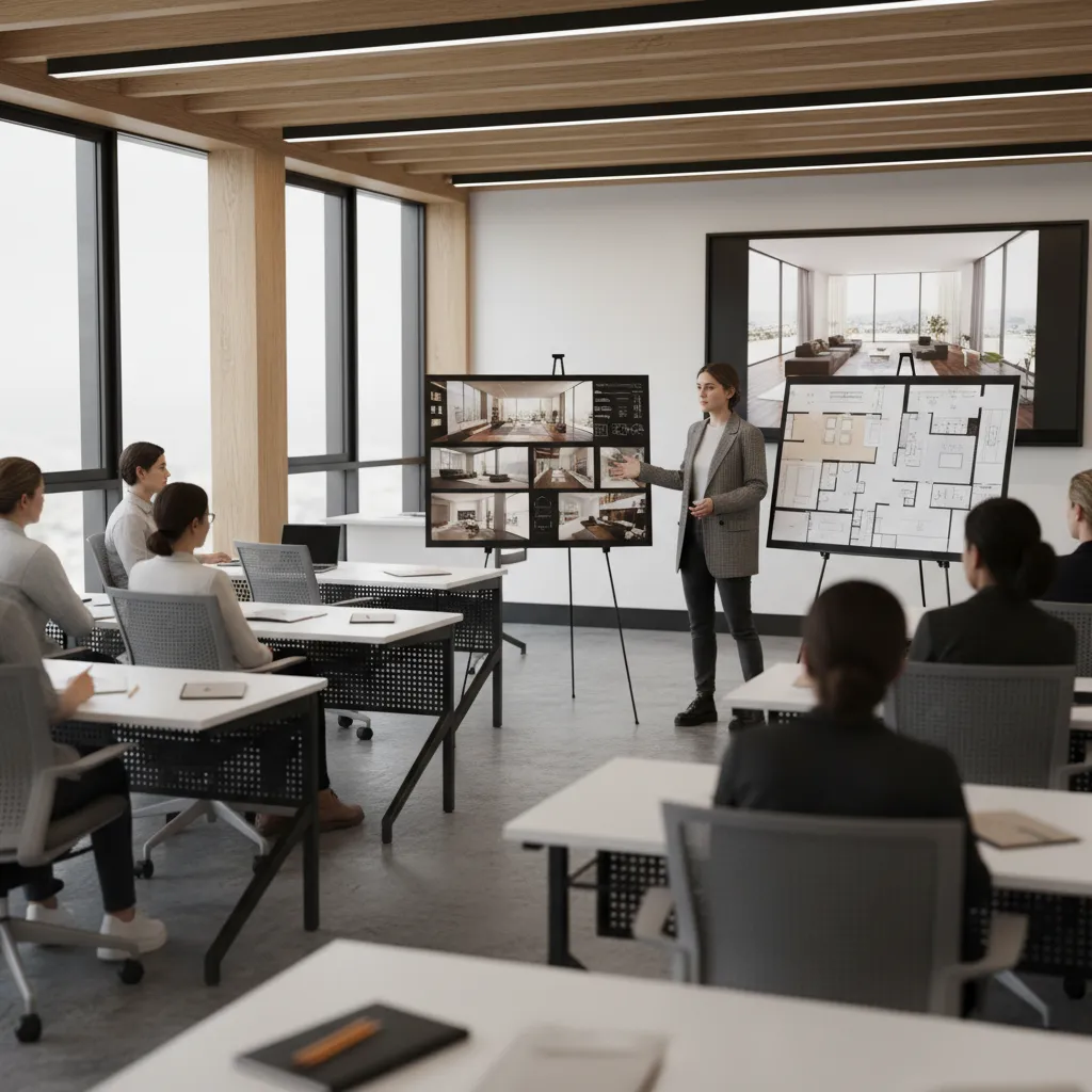 Estudiante presentando un proyecto de interiorismo con renders y planos