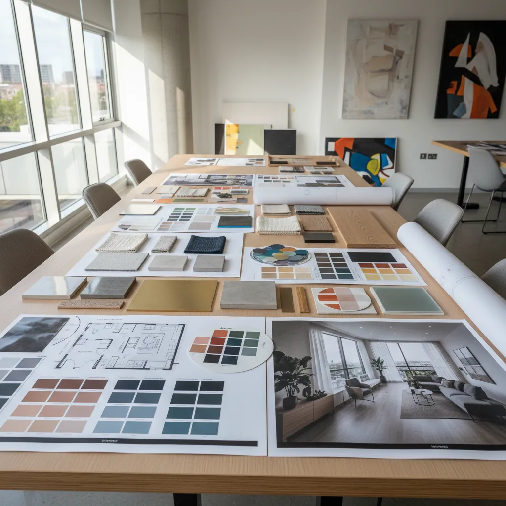 Mesa de trabajo con paneles de presentación de diseño de interiores