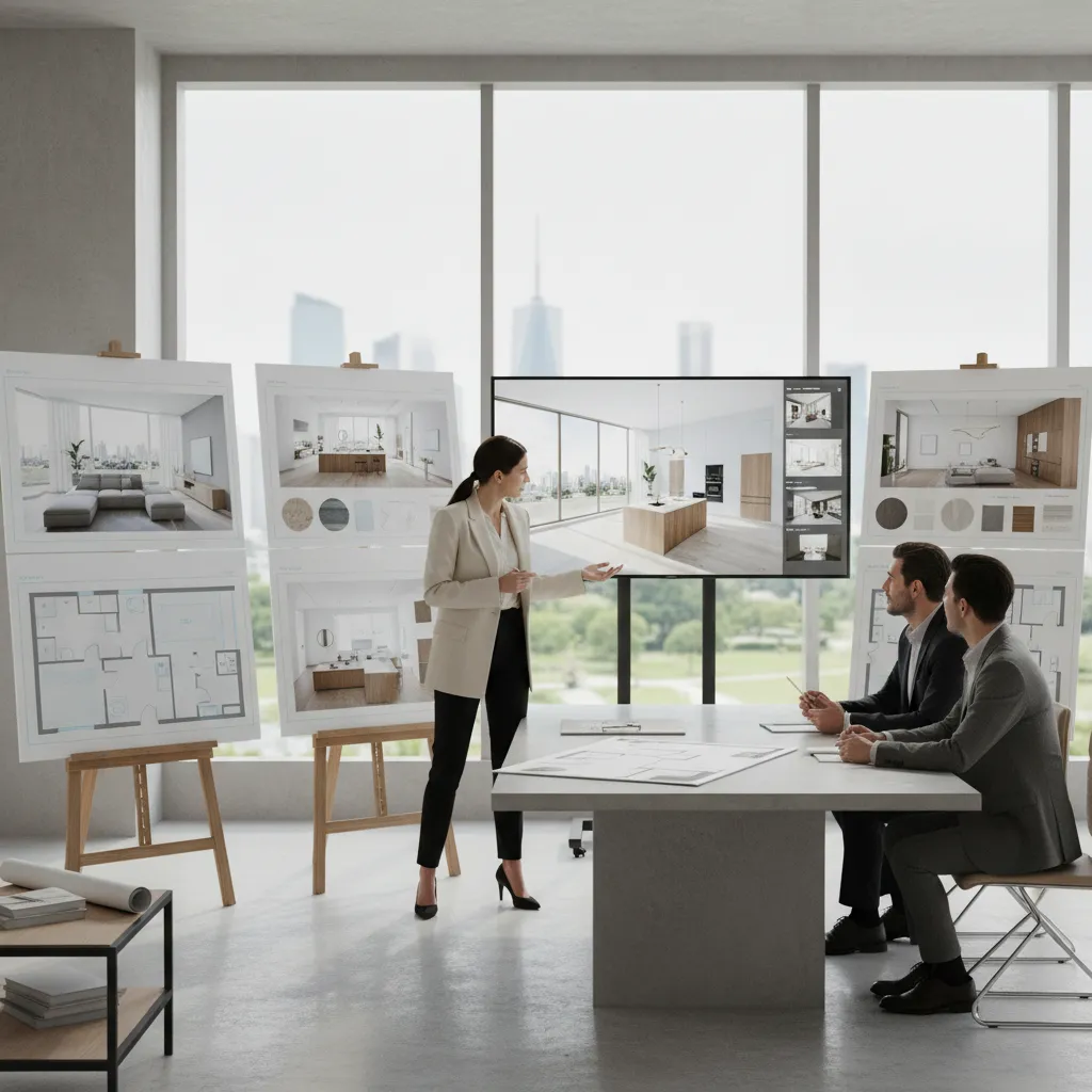 Diseñador presentando un proyecto de interiorismo con paneles y renders