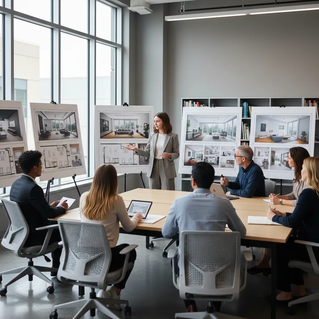 Interior design presentation with professional team looking at display boards featuring room layouts and designs
