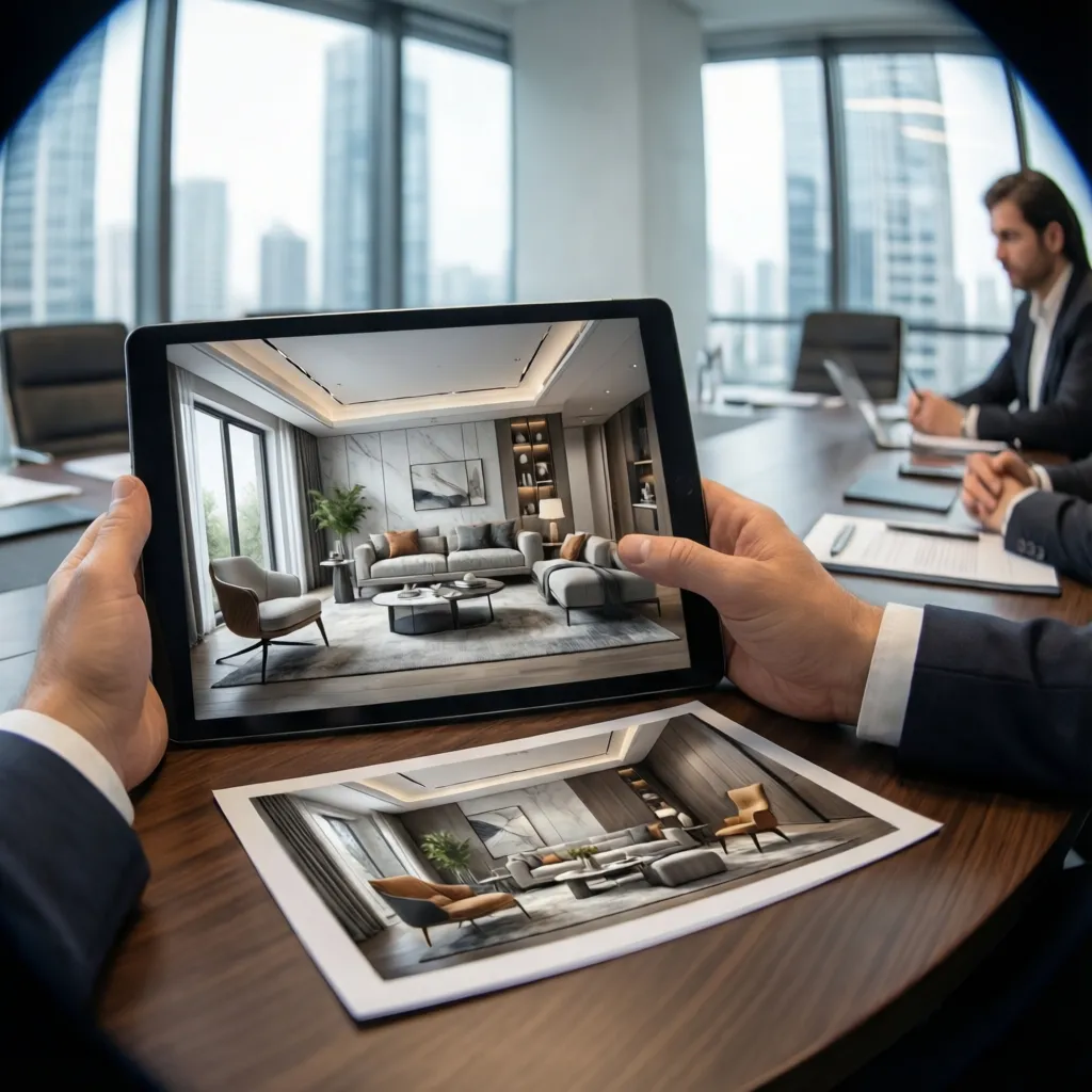diseñador mostrando un proyecto de interiorismo a un cliente