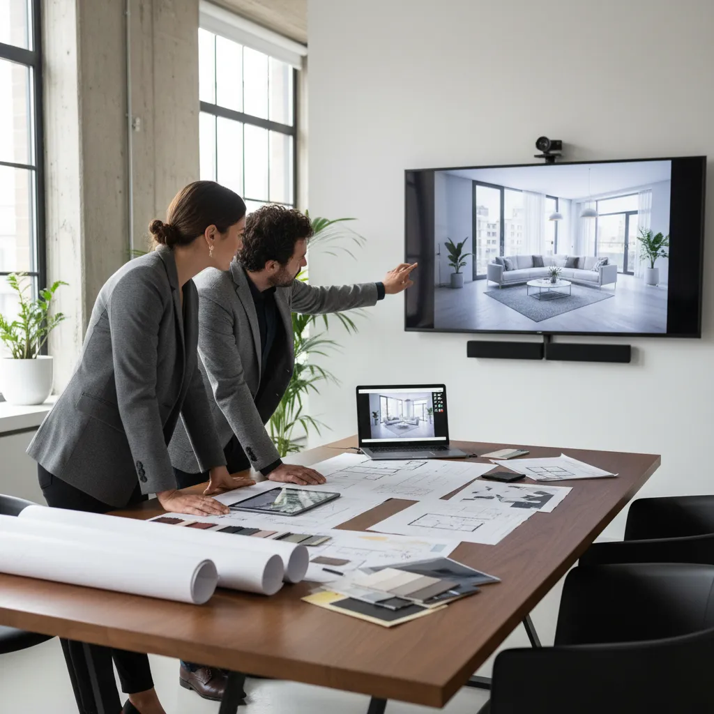 Diseñadora mostrando planos y renders a un cliente en estudio de interiorismo